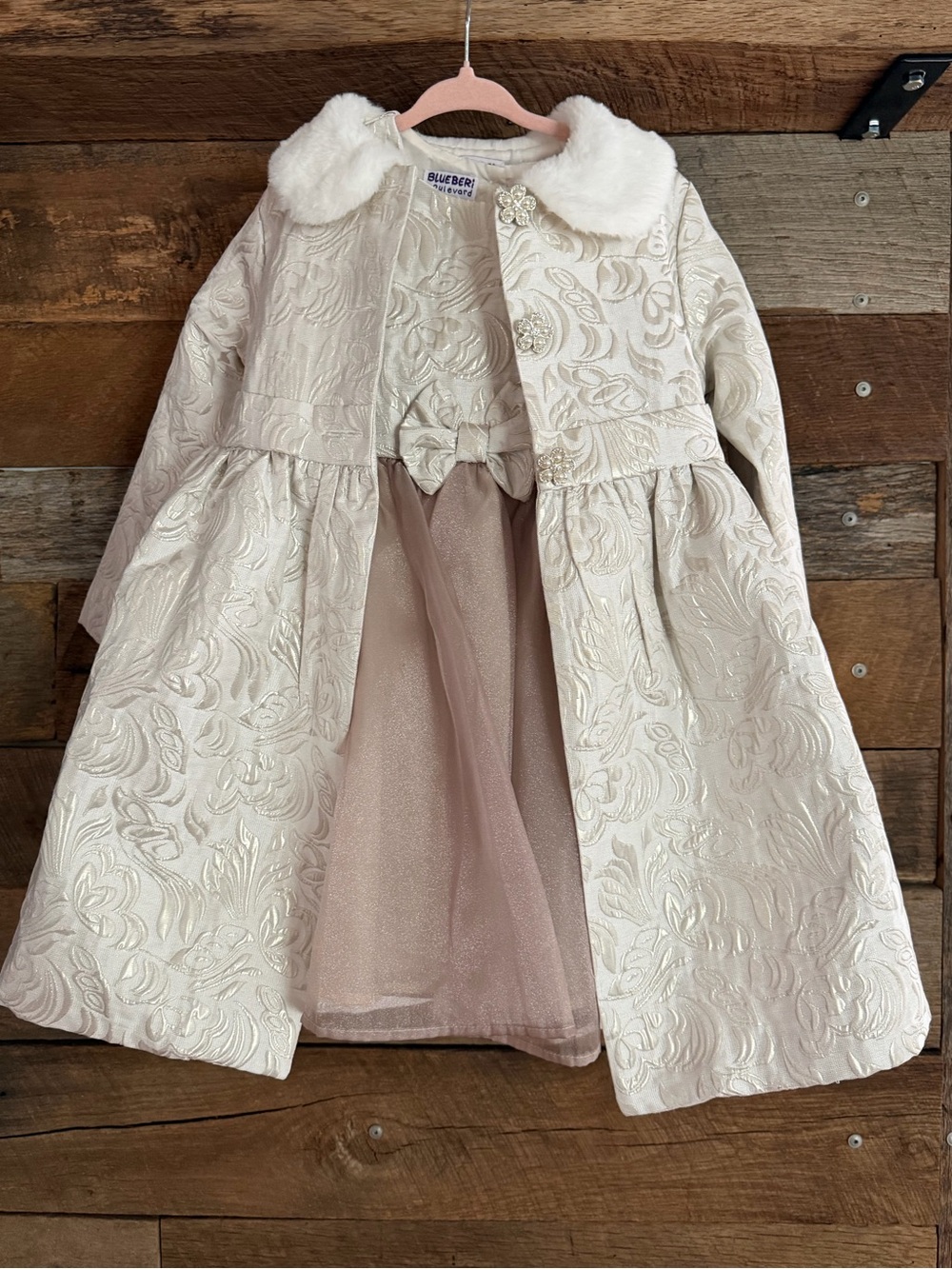 Blueberi Boulevard Ivory Jacquard Dress Coat with Blush Tulle